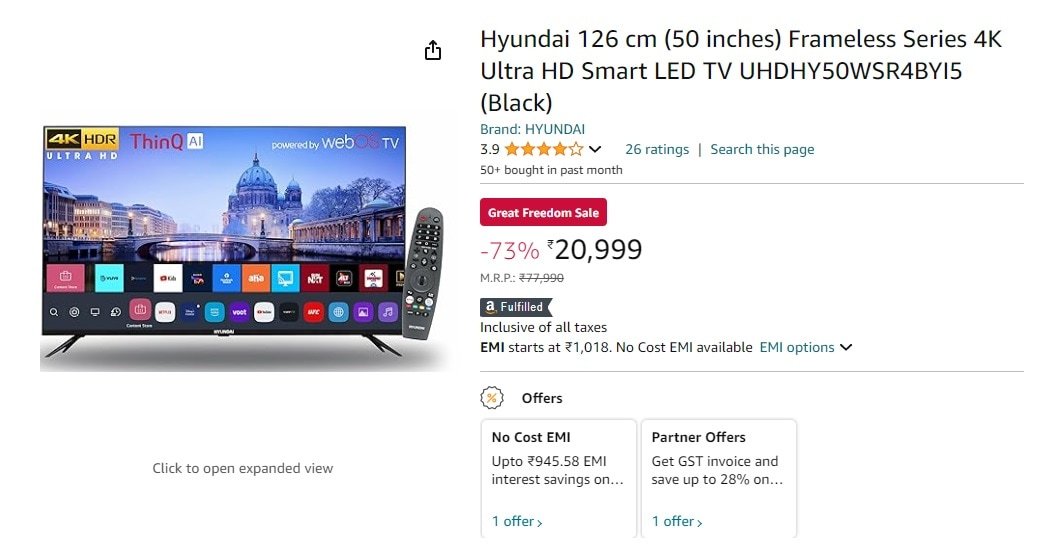 Amazon का सबसे गजब ऑफर: 20,999 रुपये में मिल रहा 77 हजार वाला 50 इंच Smart TV, डॉल्बी ऑडियो और 4K स्क्रीन Today Tech News